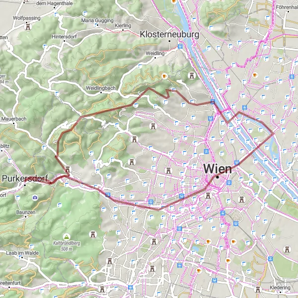 Miniatuurkaart van de fietsinspiratie "Avontuurlijke Graveltocht naar Kahlenberg" in Niederösterreich, Austria. Gemaakt door de Tarmacs.app fietsrouteplanner