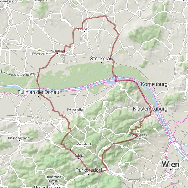 Miniatua del mapa de inspiración ciclista "Ruta de ciclismo de grava por Tulln an der Donau y Klosterneuburg" en Niederösterreich, Austria. Generado por Tarmacs.app planificador de rutas ciclistas