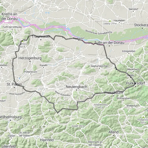 Miniature de la carte de l'inspiration cycliste "Aventure sur route depuis Purkersdorf" dans la Niederösterreich, Austria. Générée par le planificateur d'itinéraire cycliste Tarmacs.app