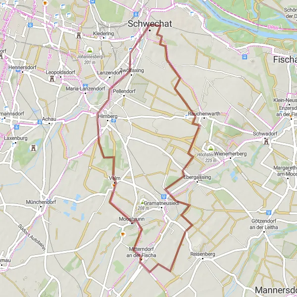 Miniaturní mapa "Gravel cyklistická trasa po okolí Moosbrunnu" inspirace pro cyklisty v oblasti Niederösterreich, Austria. Vytvořeno pomocí plánovače tras Tarmacs.app