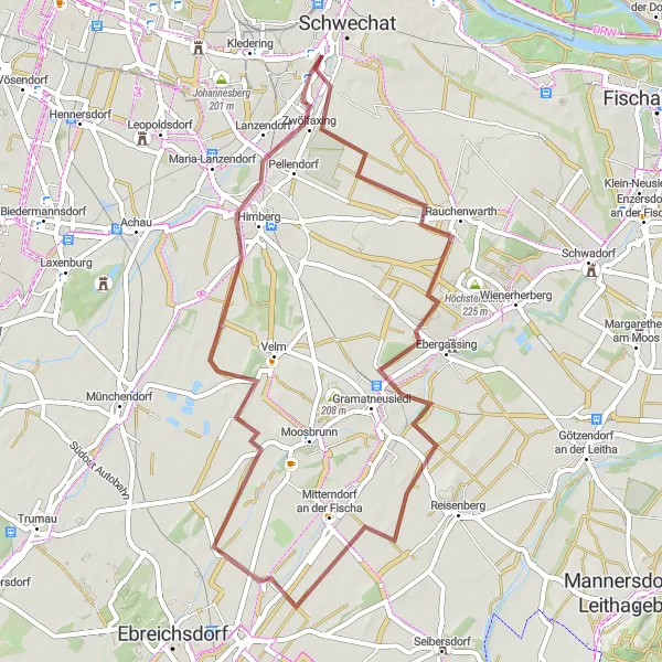 Miniaturní mapa "Gravel cyklistická trasa kolem Himbergu" inspirace pro cyklisty v oblasti Niederösterreich, Austria. Vytvořeno pomocí plánovače tras Tarmacs.app