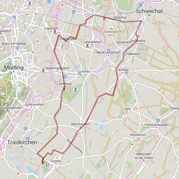 Zemljevid v pomanjšavi "Gravel Route: Rannersdorf - Johannesberg" kolesarske inspiracije v Niederösterreich, Austria. Generirano z načrtovalcem kolesarskih poti Tarmacs.app