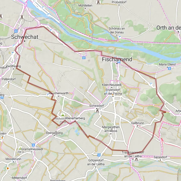 Miniaturní mapa "Gravel Přes Schwechat a Rauchenwarth" inspirace pro cyklisty v oblasti Niederösterreich, Austria. Vytvořeno pomocí plánovače tras Tarmacs.app