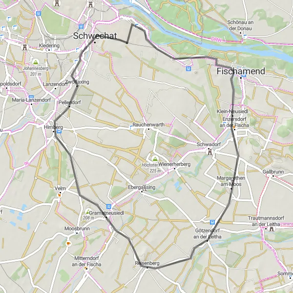 Kartminiatyr av "Rannersdorf til Gramatneusiedl via Himberg" sykkelinspirasjon i Niederösterreich, Austria. Generert av Tarmacs.app sykkelrutoplanlegger