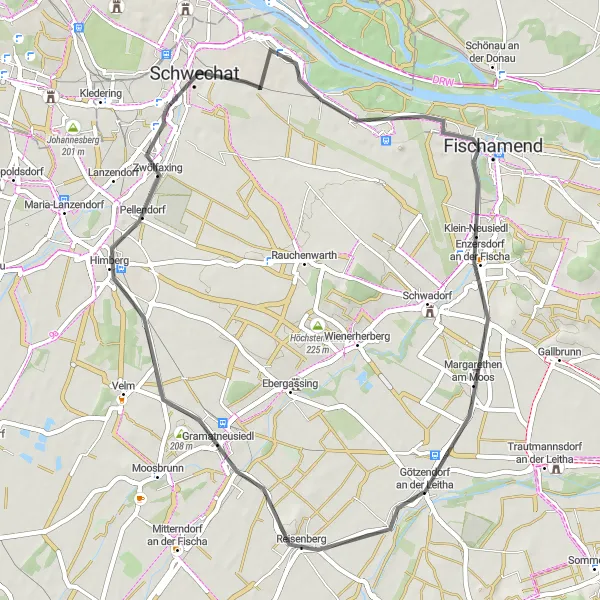 Miniaturní mapa "Rannersdorf - Schwechat - Spotterpunkt Parkhaus 3 - Götzendorf an der Leitha - Grünbühel - Goldberg - Gramatneusiedl - Himberg - Rannersdorf" inspirace pro cyklisty v oblasti Niederösterreich, Austria. Vytvořeno pomocí plánovače tras Tarmacs.app