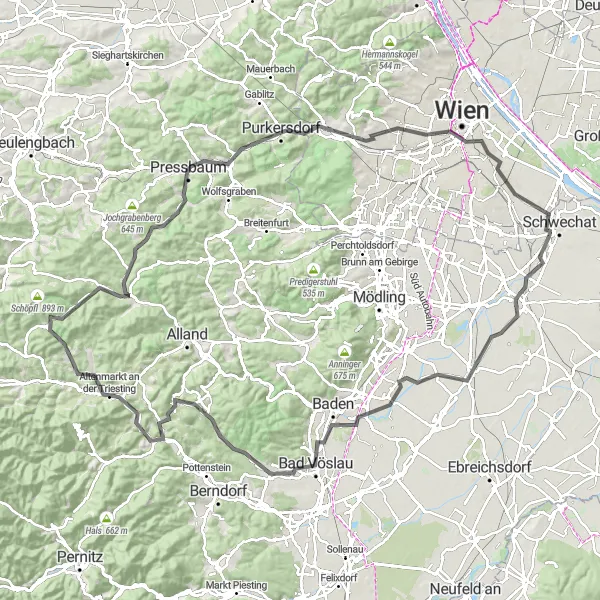 Miniatua del mapa de inspiración ciclista "Ruta de ciclismo en carretera por Weinviertel y la región de Viena" en Niederösterreich, Austria. Generado por Tarmacs.app planificador de rutas ciclistas
