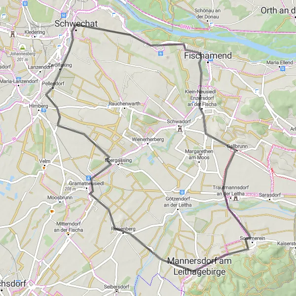 Miniatura della mappa di ispirazione al ciclismo "Cicloturismo tra Fischamend e Zwölfaxing" nella regione di Niederösterreich, Austria. Generata da Tarmacs.app, pianificatore di rotte ciclistiche