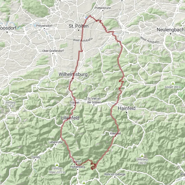 Karttaminiaatyyri "Lilienfeldin kierros" pyöräilyinspiraatiosta alueella Niederösterreich, Austria. Luotu Tarmacs.app pyöräilyreittisuunnittelijalla