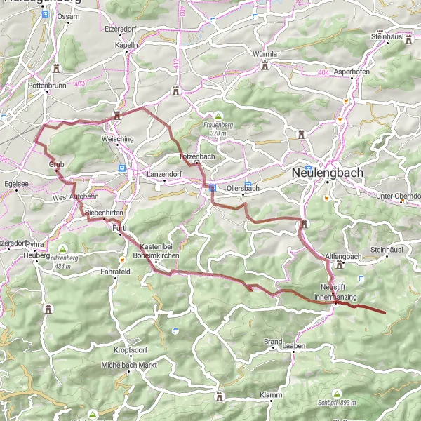 Miniatura della mappa di ispirazione al ciclismo "Avventura collinare tra Schloss Neutenstein e Grub" nella regione di Niederösterreich, Austria. Generata da Tarmacs.app, pianificatore di rotte ciclistiche