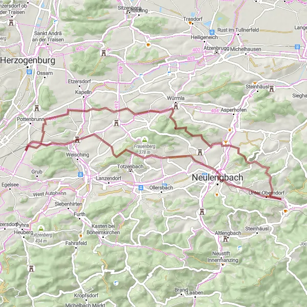 Miniatura della mappa di ispirazione al ciclismo "Scoperta dei Castelli in Gravel Bike" nella regione di Niederösterreich, Austria. Generata da Tarmacs.app, pianificatore di rotte ciclistiche