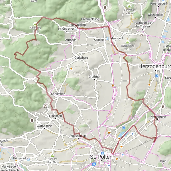 Miniatura mapy "Szlak Gravelowy Viehofen - Wasserschloss Pottenbrunn" - trasy rowerowej w Niederösterreich, Austria. Wygenerowane przez planer tras rowerowych Tarmacs.app