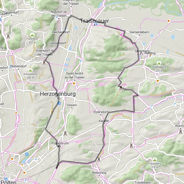 Miniatura della mappa di ispirazione al ciclismo "Giro in Bicicletta attraverso Herzogenburg e Kapelln" nella regione di Niederösterreich, Austria. Generata da Tarmacs.app, pianificatore di rotte ciclistiche