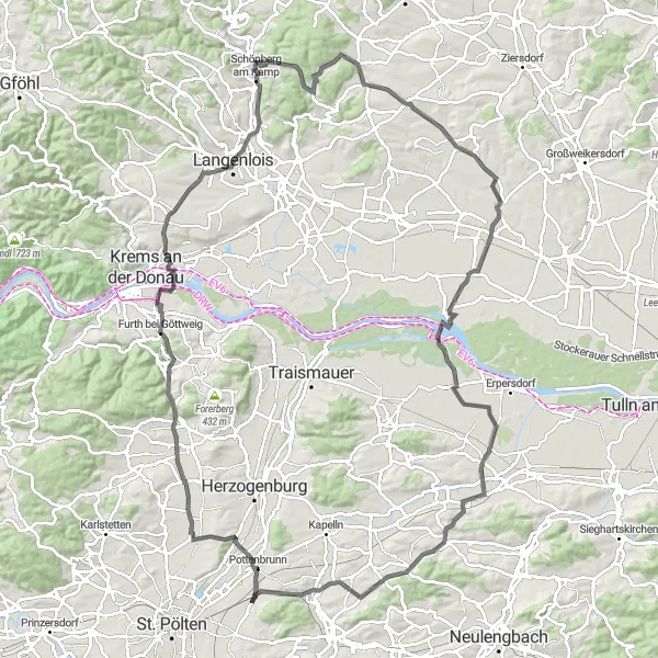 Miniatura della mappa di ispirazione al ciclismo "Giro in bicicletta verso Kamptal e dintorni" nella regione di Niederösterreich, Austria. Generata da Tarmacs.app, pianificatore di rotte ciclistiche