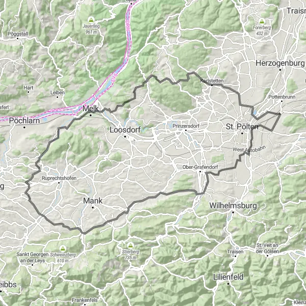 Miniatura della mappa di ispirazione al ciclismo "Giro delle colline di Niederösterreich" nella regione di Niederösterreich, Austria. Generata da Tarmacs.app, pianificatore di rotte ciclistiche