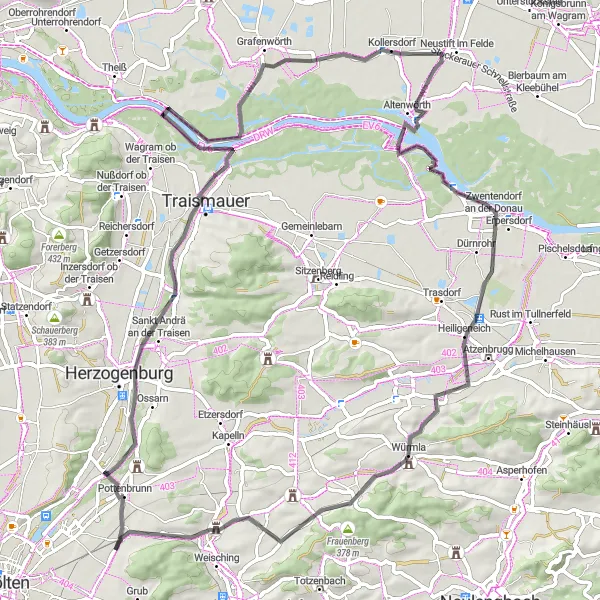 Miniatura della mappa di ispirazione al ciclismo "Viaggio Culturale Tra Wasserschloss Pottenbrunn e Frauenberg" nella regione di Niederösterreich, Austria. Generata da Tarmacs.app, pianificatore di rotte ciclistiche