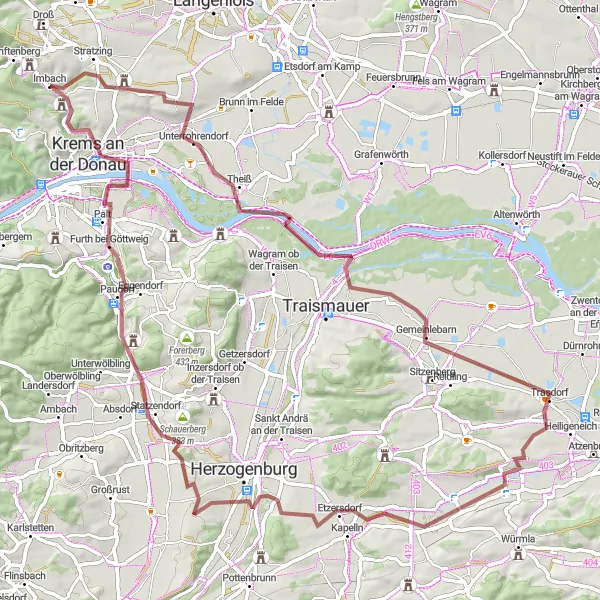 Mapa miniatúra "Gravel Runda cez Kapelln a Statzendorf" cyklistická inšpirácia v Niederösterreich, Austria. Vygenerované cyklistickým plánovačom trás Tarmacs.app