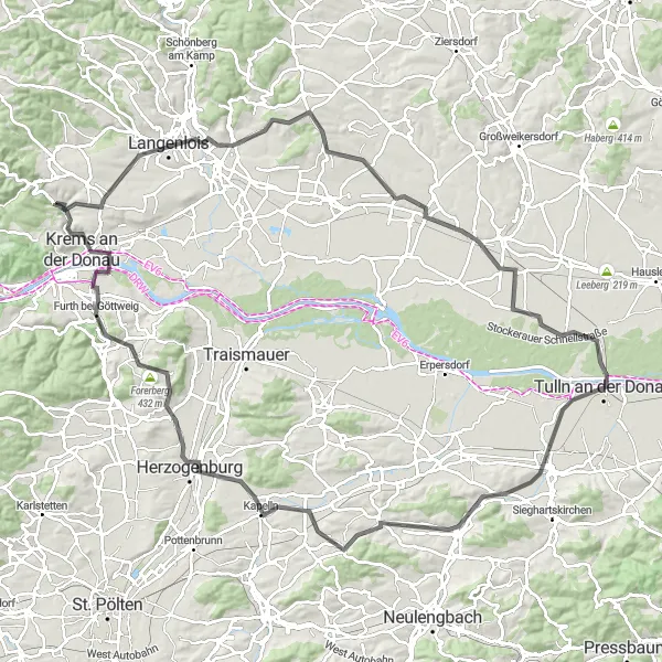 Miniatura della mappa di ispirazione al ciclismo "Alla scoperta di Langenlois e Krems sulle strade panoramiche" nella regione di Niederösterreich, Austria. Generata da Tarmacs.app, pianificatore di rotte ciclistiche