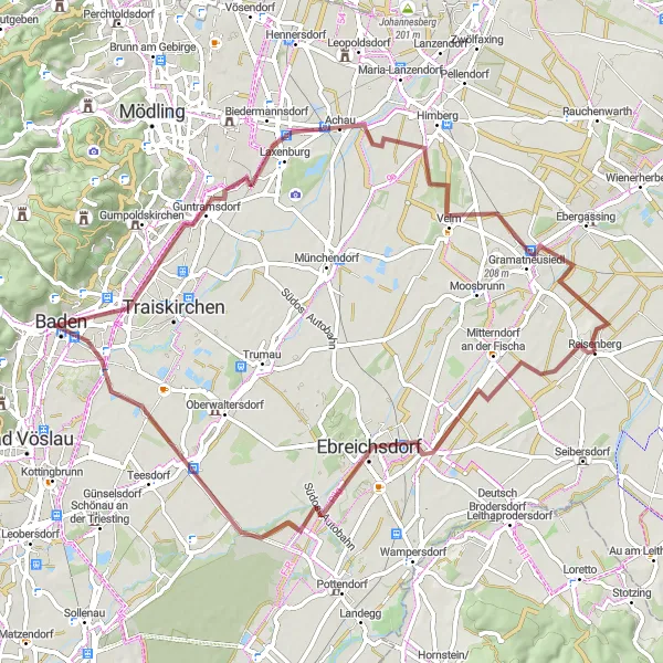 Miniatua del mapa de inspiración ciclista "Ruta de larga distancia en grava" en Niederösterreich, Austria. Generado por Tarmacs.app planificador de rutas ciclistas