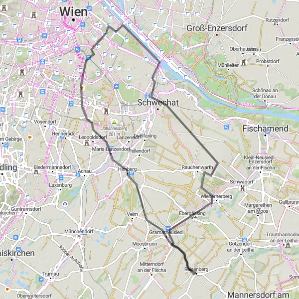 Miniatua del mapa de inspiración ciclista "Ruta en carretera a través de Schwechat y Rauchenwarth" en Niederösterreich, Austria. Generado por Tarmacs.app planificador de rutas ciclistas