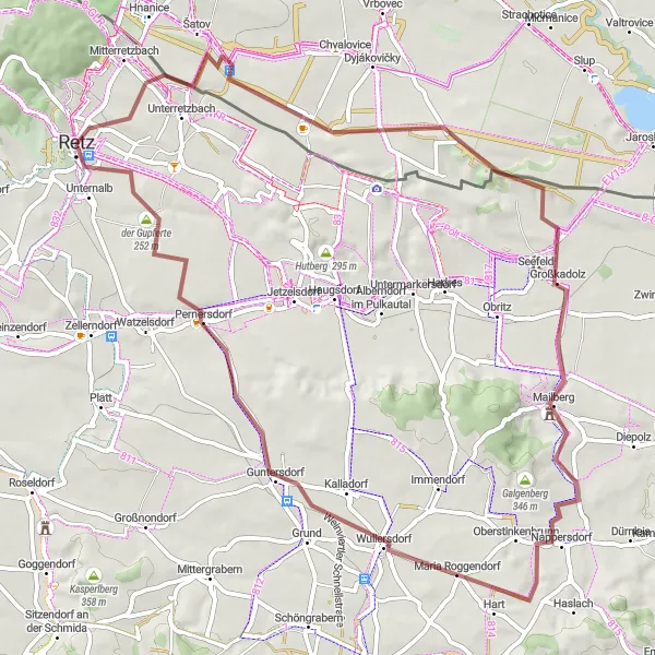 Miniatuurkaart van de fietsinspiratie "Gravel route vanuit Retz via Mailberg naar Gollitsch" in Niederösterreich, Austria. Gemaakt door de Tarmacs.app fietsrouteplanner