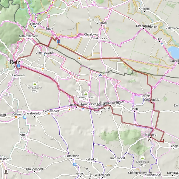 Mapa miniatúra "Gravel trasa okolo Retzu" cyklistická inšpirácia v Niederösterreich, Austria. Vygenerované cyklistickým plánovačom trás Tarmacs.app