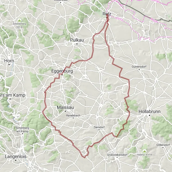 Miniature de la carte de l'inspiration cycliste "Boucle de vélo de gravier au départ de Retz" dans la Niederösterreich, Austria. Générée par le planificateur d'itinéraire cycliste Tarmacs.app