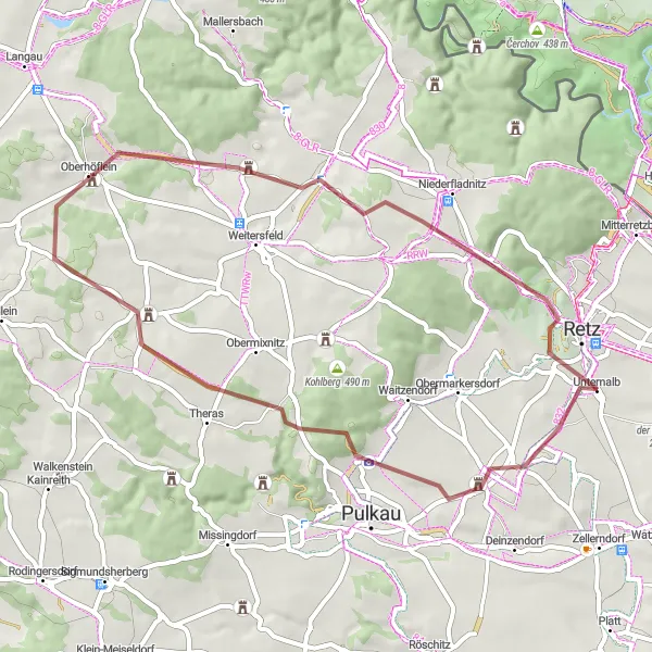 Miniatua del mapa de inspiración ciclista "Ruta por Schrattenthal y Schloss Fronsburg" en Niederösterreich, Austria. Generado por Tarmacs.app planificador de rutas ciclistas