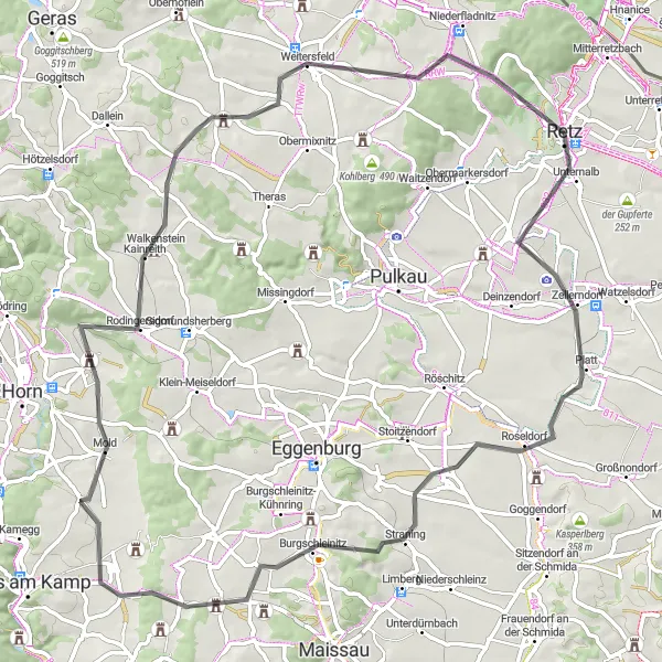 Karttaminiaatyyri "Retz - Znaimertor" pyöräilyinspiraatiosta alueella Niederösterreich, Austria. Luotu Tarmacs.app pyöräilyreittisuunnittelijalla