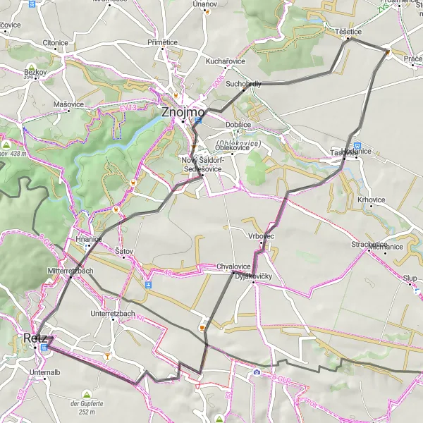 Zemljevid v pomanjšavi "Krožna kolesarska pot okoli Retza" kolesarske inspiracije v Niederösterreich, Austria. Generirano z načrtovalcem kolesarskih poti Tarmacs.app