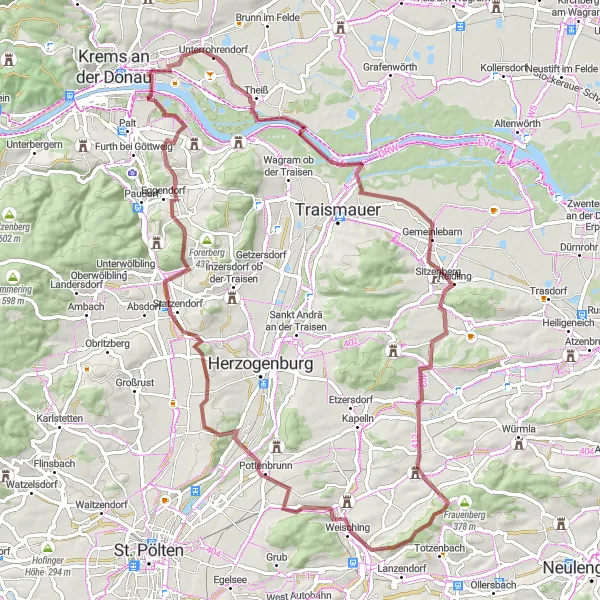 Miniatua del mapa de inspiración ciclista "Ruta de Gravel por los alrededores de Rohrendorf bei Krems" en Niederösterreich, Austria. Generado por Tarmacs.app planificador de rutas ciclistas