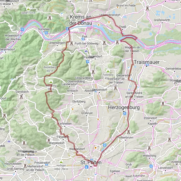 Miniatura della mappa di ispirazione al ciclismo "Corsa entusiasmante verso Schloss Mautern e Grassberg" nella regione di Niederösterreich, Austria. Generata da Tarmacs.app, pianificatore di rotte ciclistiche