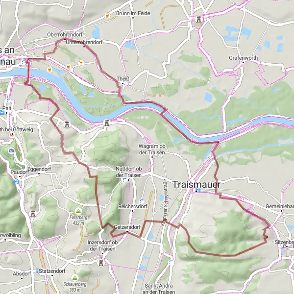 Mapa miniatúra "Gravel Route Rohrendorf bei Krems - Krustetten" cyklistická inšpirácia v Niederösterreich, Austria. Vygenerované cyklistickým plánovačom trás Tarmacs.app