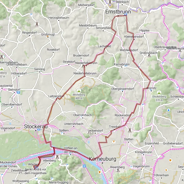 Miniatura della mappa di ispirazione al ciclismo "Esperienza di cicloturismo tra natura e cultura nei pressi di Sankt Andrä vor dem Hagenthale" nella regione di Niederösterreich, Austria. Generata da Tarmacs.app, pianificatore di rotte ciclistiche