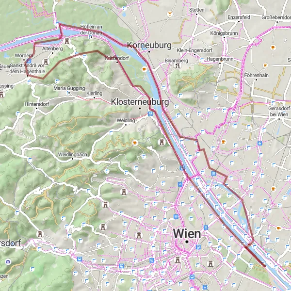 Miniatura della mappa di ispirazione al ciclismo "Giro in bicicletta collinare nei dintorni di Sankt Andrä vor dem Hagenthale" nella regione di Niederösterreich, Austria. Generata da Tarmacs.app, pianificatore di rotte ciclistiche
