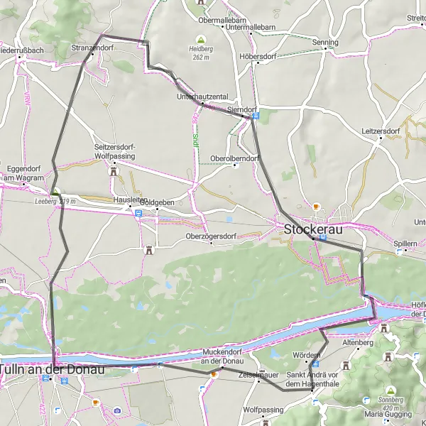 Zemljevid v pomanjšavi "Uživaška cestna kolesarska pot do Burg Greifensteina" kolesarske inspiracije v Niederösterreich, Austria. Generirano z načrtovalcem kolesarskih poti Tarmacs.app