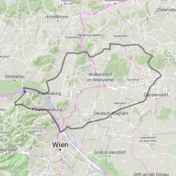 Miniatuurkaart van de fietsinspiratie "117 km Fietsroute van Sankt Andrä vor dem Hagenthale" in Niederösterreich, Austria. Gemaakt door de Tarmacs.app fietsrouteplanner