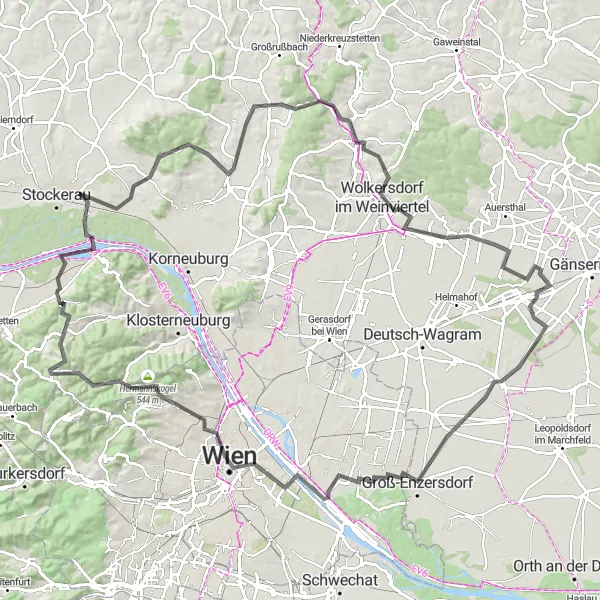 Zemljevid v pomanjšavi "Kolesarjenje do Konstantinhügla v Hermannskogel (cesta)" kolesarske inspiracije v Niederösterreich, Austria. Generirano z načrtovalcem kolesarskih poti Tarmacs.app