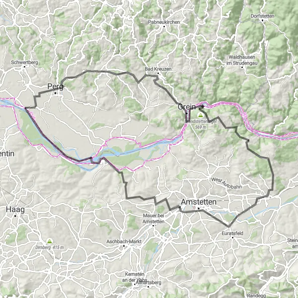 Miniatua del mapa de inspiración ciclista "Perg-Grein Cycle Route" en Niederösterreich, Austria. Generado por Tarmacs.app planificador de rutas ciclistas