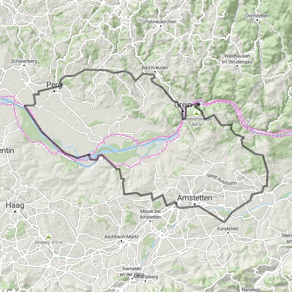 Miniaturní mapa "Okružní trasa Perg - Au an der Donau" inspirace pro cyklisty v oblasti Niederösterreich, Austria. Vytvořeno pomocí plánovače tras Tarmacs.app