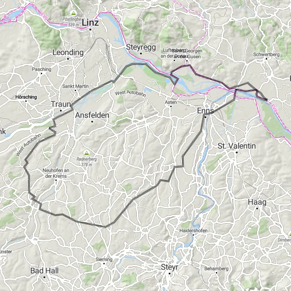 Miniatua del mapa de inspiración ciclista "Ruta ciclista de 95 km desde Sankt Pantaleon" en Niederösterreich, Austria. Generado por Tarmacs.app planificador de rutas ciclistas