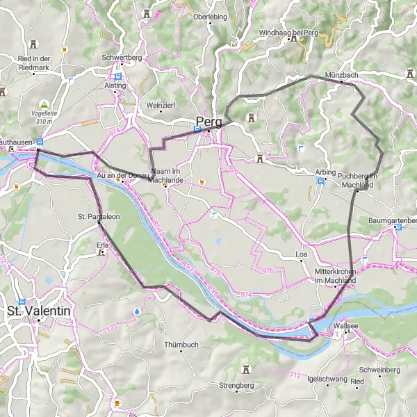 Miniatua del mapa de inspiración ciclista "Naarn-Münzbach-Mitterkirchen Cycle Trail" en Niederösterreich, Austria. Generado por Tarmacs.app planificador de rutas ciclistas