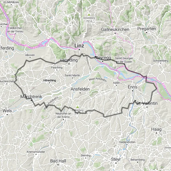 Miniatura della mappa di ispirazione al ciclismo "Avventura ciclistica da Sankt Pantaleon a Mauthausen" nella regione di Niederösterreich, Austria. Generata da Tarmacs.app, pianificatore di rotte ciclistiche