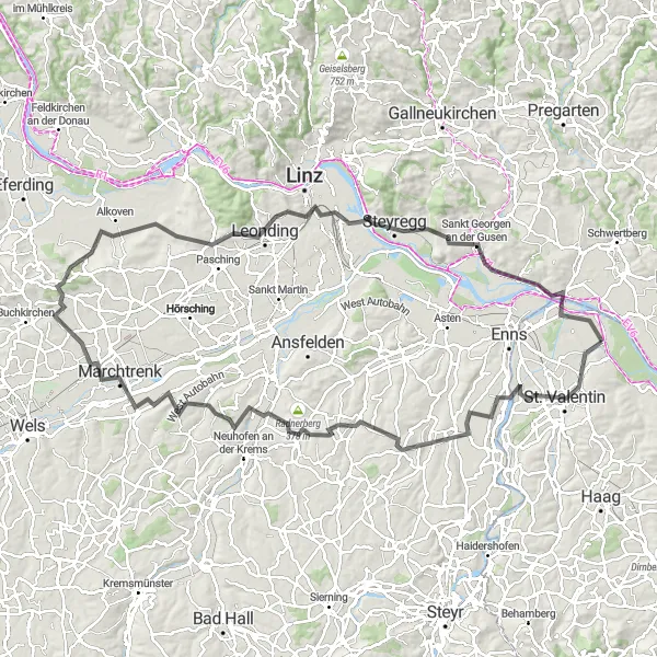 Miniatuurkaart van de fietsinspiratie "Avontuurlijke tocht naar Steyregg" in Niederösterreich, Austria. Gemaakt door de Tarmacs.app fietsrouteplanner