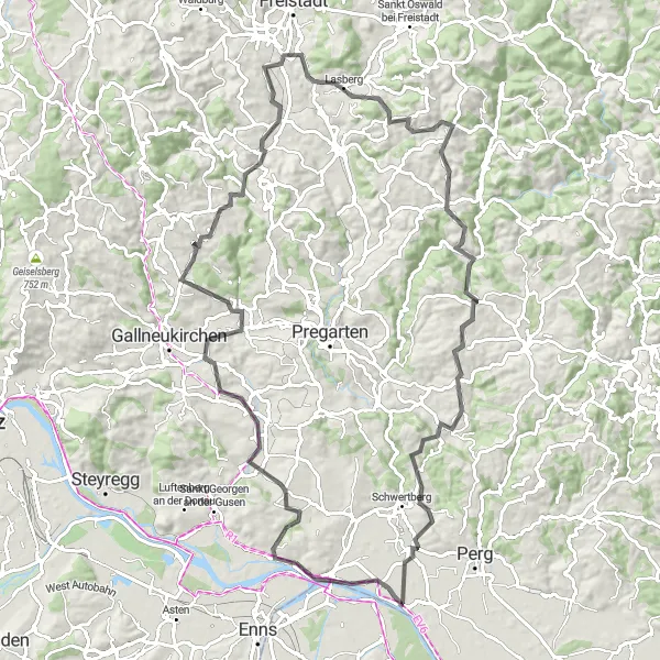 Miniatua del mapa de inspiración ciclista "Langenstein-Wimmer-Weinzierl Cycle Tour" en Niederösterreich, Austria. Generado por Tarmacs.app planificador de rutas ciclistas