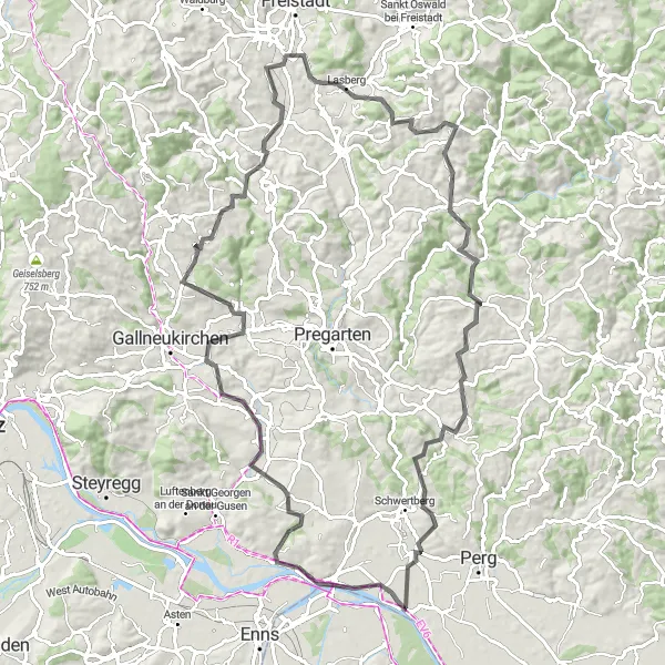 Miniatura della mappa di ispirazione al ciclismo "Avventura in bicicletta tra le colline austriache" nella regione di Niederösterreich, Austria. Generata da Tarmacs.app, pianificatore di rotte ciclistiche