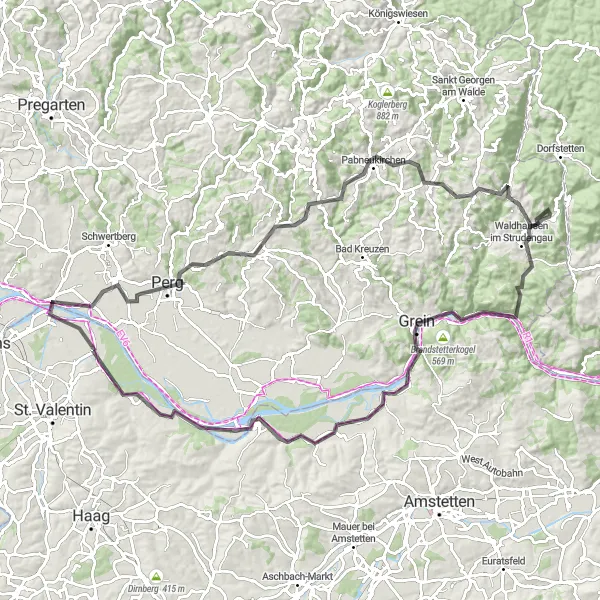 Miniaturní mapa "Cyklistický výlet Perg - Schloss Erla" inspirace pro cyklisty v oblasti Niederösterreich, Austria. Vytvořeno pomocí plánovače tras Tarmacs.app