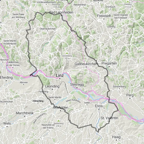 Miniatuurkaart van de fietsinspiratie "Uitdagende route door Mühlkreis" in Niederösterreich, Austria. Gemaakt door de Tarmacs.app fietsrouteplanner