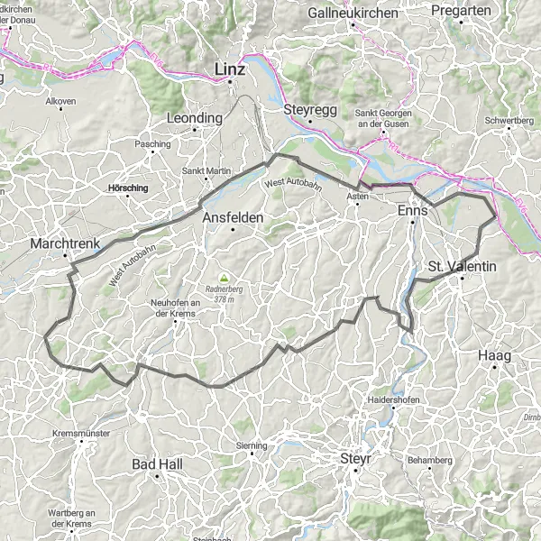 Miniatura della mappa di ispirazione al ciclismo "Giro in bicicletta con partenza da Sankt Pantaleon" nella regione di Niederösterreich, Austria. Generata da Tarmacs.app, pianificatore di rotte ciclistiche