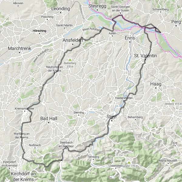 Miniatura della mappa di ispirazione al ciclismo "Giro in bicicletta da Sankt Pantaleon" nella regione di Niederösterreich, Austria. Generata da Tarmacs.app, pianificatore di rotte ciclistiche