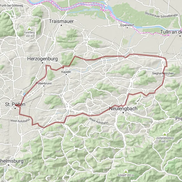 Karttaminiaatyyri "Luonnon helmassa ja historiallisissa kylien läpi" pyöräilyinspiraatiosta alueella Niederösterreich, Austria. Luotu Tarmacs.app pyöräilyreittisuunnittelijalla